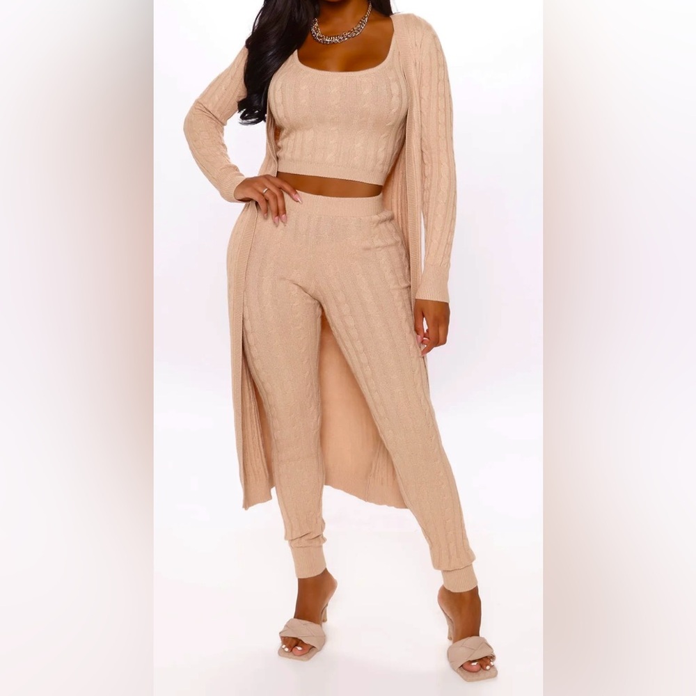 3 piece Sweater Cable knit cardigan crop tank legging pant set Tan Size L NWT